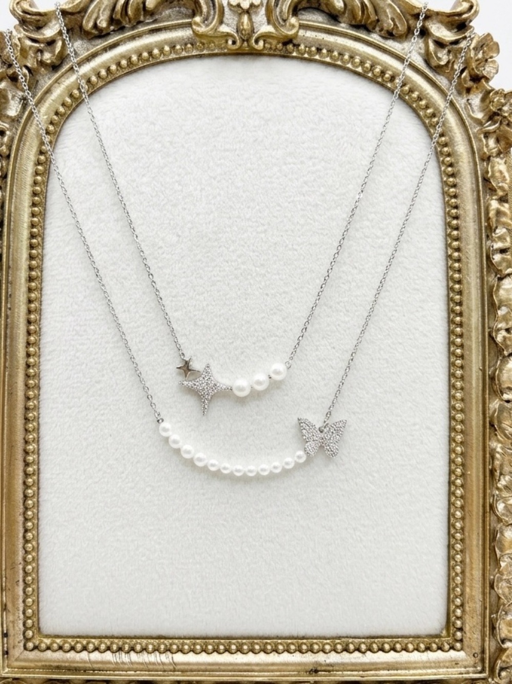 Pearl & Pavé Star and Butterfly Necklaces - White Pearls, Silver Tone